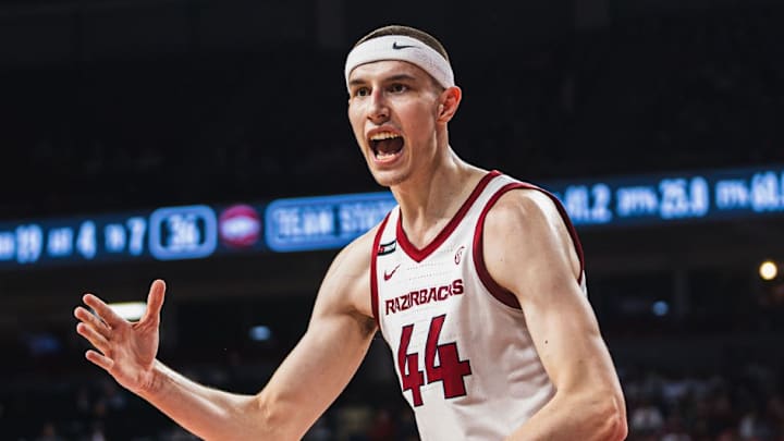 Zvonimir Ivisic celebrates after scoring against Troy. The Razorbacks won 65-49.