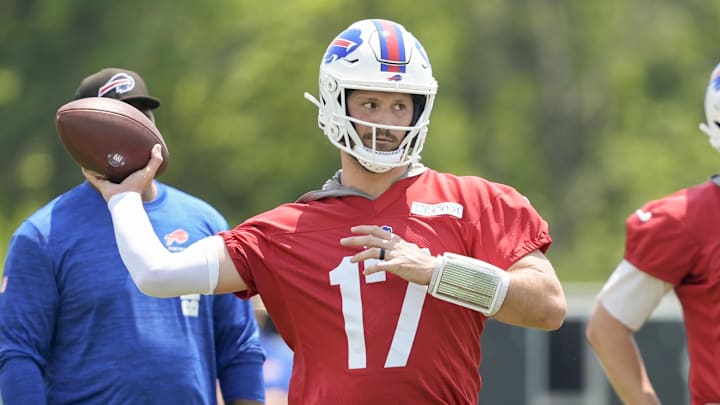 Jun 11, 2025; Orchard Park, NY, USA; Buffalo Bills quarterback Josh Allen (17) throws the ball during Minicamp at Highmark Stadium. Mandatory Credit: Gregory Fisher-Imagn Images