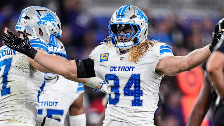 Detroit Lions linebacker Alex Anzalone celebrates a tackle against the Baltimore Ravens 