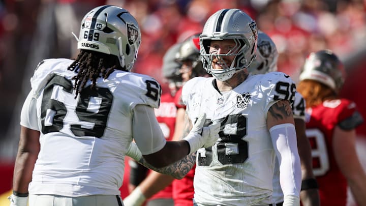 Dec 8, 2024; Tampa, Florida, USA; Las Vegas Raiders defensive end Maxx Crosby (98) and defensive tackle Adam Butler (69) reacts after a play against the Tampa Bay Buccaneers in the second quarter at Raymond James Stadium. Mandatory Credit: Nathan Ray Seebeck-Imagn Images Dec 8, 2024; Tampa, Florida, USA; Las Vegas Raiders defensive end Maxx Crosby (98) and defensive tackle Adam Butler (69) reacts after a play against the Tampa Bay Buccaneers in the second quarter at Raymond James Stadium. Mandatory Credit: Nathan Ray Seebeck-Imagn Images