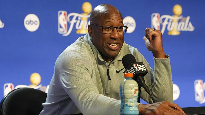 Jun 5, 2026; San Antonio, Texas, USA; New York Knicks head coach Mike Brown speaks with the media after the game between the Spurs and the Knicks in game two of the 2026 NBA Finals at Frost Bank Center. Mandatory Credit: Daniel Dunn-Imagn Images