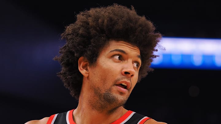 Dec 6, 2023; San Francisco, California, USA; Portland Trail Blazers guard Matisse Thybulle (4) between plays against the Golden State Warriors during the second quarter at Chase Center. Mandatory Credit: Kelley L Cox-Imagn Images