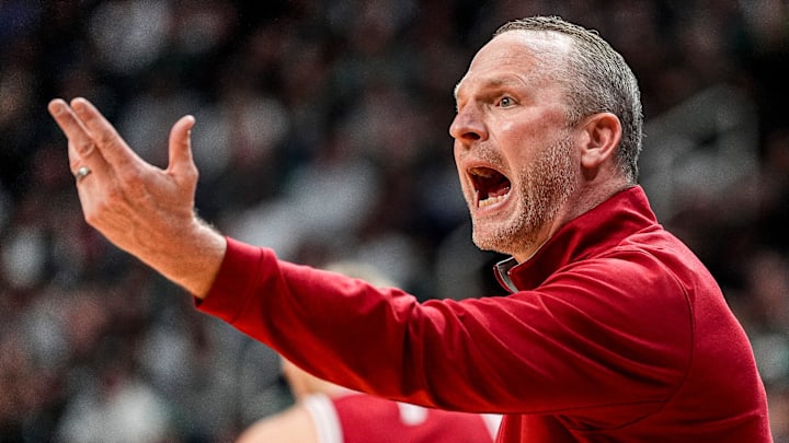 Indiana head coach Darian Devries reacts to a play against Michigan State during the first half at Breslin Center in East Lansing on Tuesday, Jan. 13, 2026.