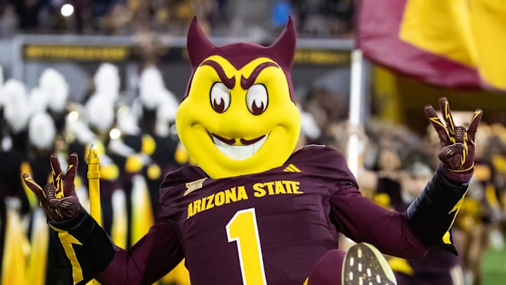 Nov 28, 2025; Tempe, Arizona, USA; Arizona State Sun Devils mascot Sparky during the 99th Territorial Cup at Mountain America Stadium. Mandatory Credit: Mark J. Rebilas-Imagn Images