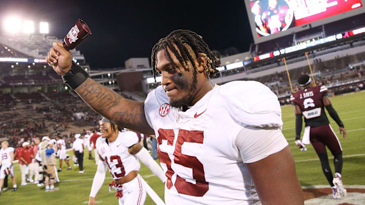 Sep 30, 2023; Starkville, Mississippi, USA; Alabama Crimson Tide offensive lineman JC Latham (65)