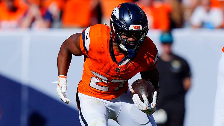 Sep 20, 2026; Denver, Colorado, USA; Denver Broncos running back J.K. Dobbins (27) carries the ball against the Jacksonville Jaguars during the second half at Empower Field at Mile High. Sep 20, 2026; Denver, Colorado, USA; Denver Broncos running back J.K. Dobbins (27) carries the ball against the Jacksonville Jaguars during the second half at Empower Field at Mile High.