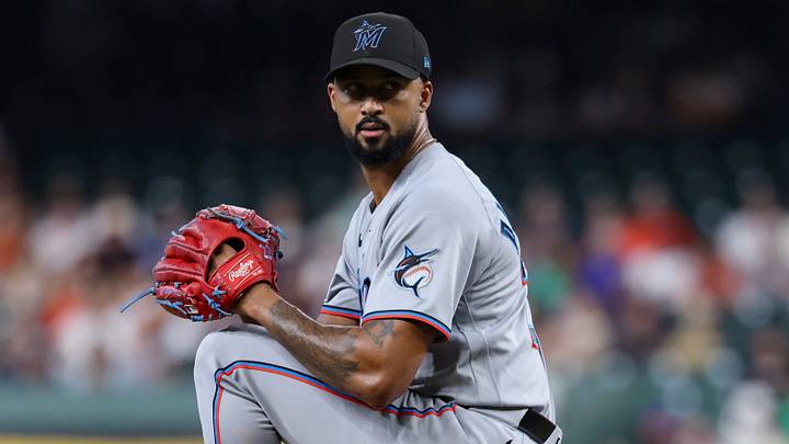 Jul 22, 2026; Houston, Texas, USA; Miami Marlins starting pitcher Sandy Alcantara (22) delivers a pitch during the second inning against the Houston Astros at Daikin Park. Mandatory Credit: Troy Taormina-Imagn Images