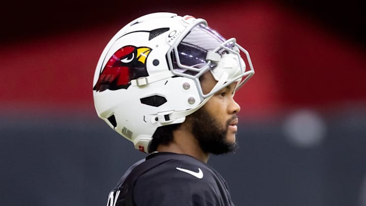 Jul 29, 2025; Glendale, AZ, USA; Arizona Cardinals quarterback Kyler Murray (1) during training camp at State Farm Stadium. Mandatory Credit: Mark J. Rebilas-Imagn Images