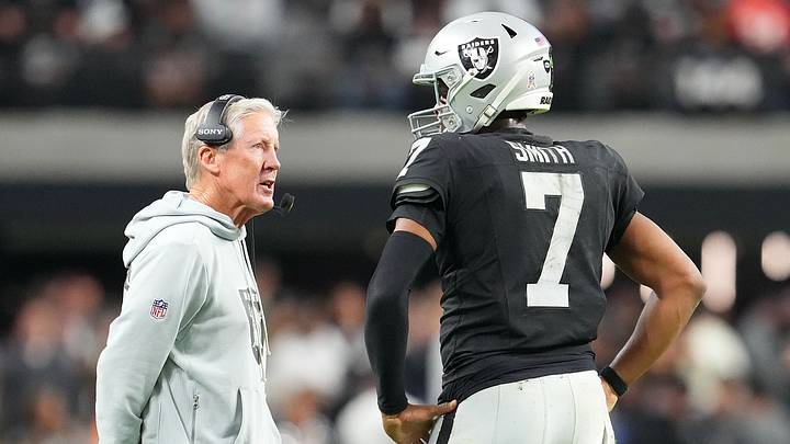 New York Jets quarterback Geno Smith and former Las Vegas Raiders head coach Pete Carroll New York Jets quarterback Geno Smith and former Las Vegas Raiders head coach Pete Carroll