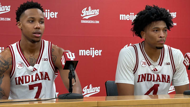 Indiana basketball guard Nick Dorn and forward Sam Alexis speak to media March 4, 2026, after beating Minnesota at Simon Skjodt Assembly Hall in Bloomington.