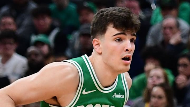 Mar 22, 2026; Boston, Massachusetts, USA; Minnesota Timberwolves guard Bones Hyland (8) controls the ball while Boston Celtics guard Hugo Gonzalez (28) defends during the second half at TD Garden. Mandatory Credit: Bob DeChiara-Imagn Images