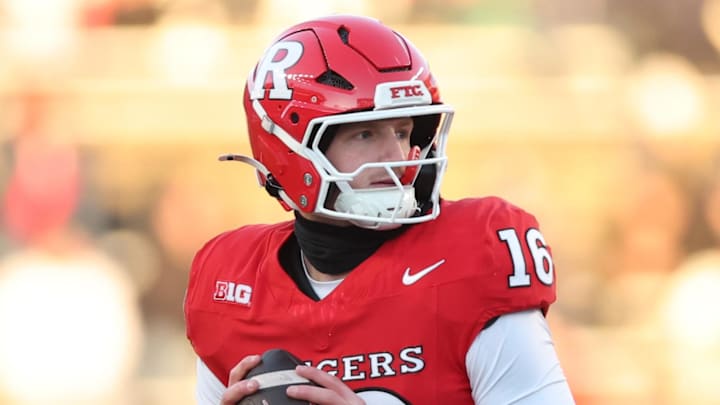 Nov 29, 2025; Piscataway, New Jersey, USA; Rutgers Scarlet Knights quarterback Athan Kaliakmanis (16) drops back to pass during the first half against the Penn State Nittany Lions at SHI Stadium. Mandatory Credit: Vincent Carchietta-Imagn Images Nov 29, 2025; Piscataway, New Jersey, USA; Rutgers Scarlet Knights quarterback Athan Kaliakmanis (16) drops back to pass during the first half against the Penn State Nittany Lions at SHI Stadium. Mandatory Credit: Vincent Carchietta-Imagn Images