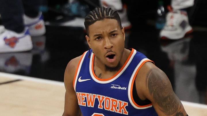 Jun 5, 2026; San Antonio, Texas, USA; New York Knicks guard Miles McBride (2) reacts against the San Antonio Spurs in the second half during game two of the 2026 NBA Finals at Frost Bank Center. Mandatory Credit: Geoff Burke-Imagn Images