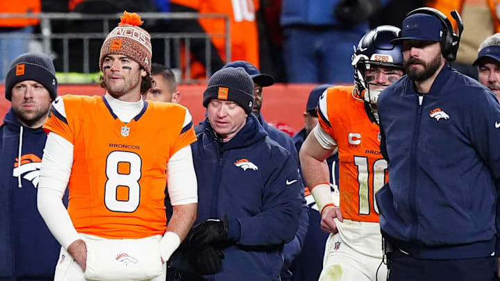 Jan 17, 2026; Denver, CO, USA; Denver Broncos quarterback Jarrett Stidham (8) stands next to quarterback Bo Nix (10)) during overtime of an AFC Divisional Round playoff game against the Buffalo Bills at Empower Field at Mile High. Mandatory Credit: Ron Chenoy-Imagn Images