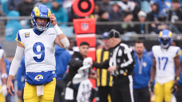 Nov 30, 2025; Charlotte, North Carolina, USA; Los Angeles Rams quarterback Matthew Stafford (9) looks on during the second quarter against the Carolina Panthers at Bank of America Stadium. Mandatory Credit: Scott Kinser-Imagn Images