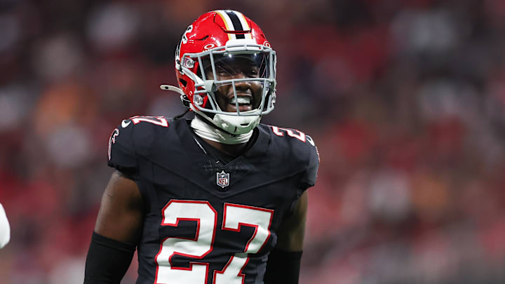 Oct 3, 2024; Atlanta, Georgia, USA; Atlanta Falcons safety Richie Grant (27) reacts after a tackle against the Tampa Bay Buccaneers in the second quarter at Mercedes-Benz Stadium. Mandatory Credit: Brett Davis-Imagn Images
