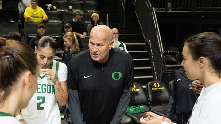 Oregon coach Kelly Graves, center, brings his team together before their game against West Georgia at Matthew Knight Arena in Eugene Nov 3, 2025. Oregon coach Kelly Graves, center, brings his team together before their game against West Georgia at Matthew Knight Arena in Eugene Nov 3, 2025.