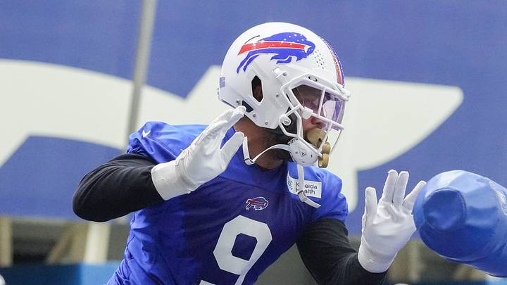 Jun 9, 2026; Orchard Park, NY, USA; Buffalo Bills linebacker Bradley Chubb (9) trains during Buffalo Bills Minicamp. Mandatory Credit: Gregory Fisher-Imagn Images