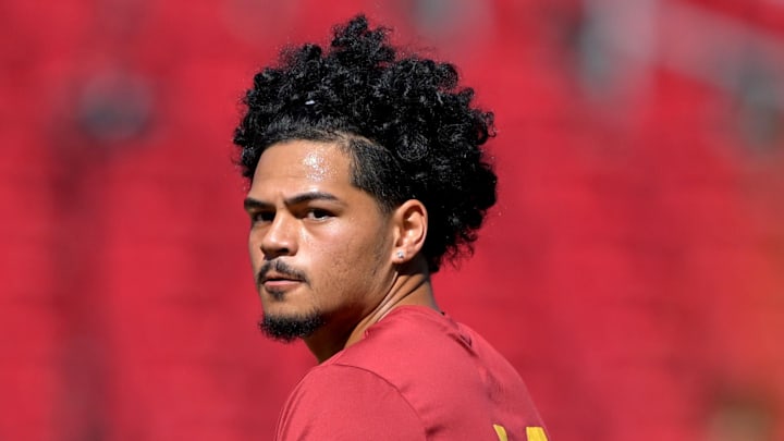 Sep 6, 2025; Los Angeles, California, USA; USC Trojans quarterback Jayden Maiava (14) warms up prior to the game against the Georgia Southern Eagles at United Airlines Field at Los Angeles Memorial Coliseum. Mandatory Credit: Jayne Kamin-Oncea-Imagn Images Sep 6, 2025; Los Angeles, California, USA; USC Trojans quarterback Jayden Maiava (14) warms up prior to the game against the Georgia Southern Eagles at United Airlines Field at Los Angeles Memorial Coliseum. Mandatory Credit: Jayne Kamin-Oncea-Imagn Images
