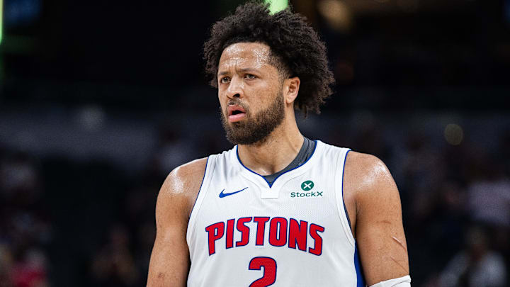 Apr 12, 2026; Indianapolis, Indiana, USA;  Detroit Pistons guard Cade Cunningham (2) in the first half against the Indiana Pacers at Gainbridge Fieldhouse. Mandatory Credit: Trevor Ruszkowski-Imagn Images