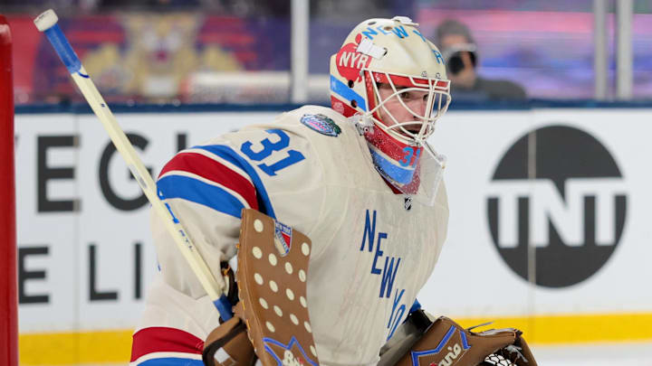 Jan 2, 2026; Miami, Florida, USA; New York Rangers goaltender Igor Shesterkin (31) defends the net against the Florida Panthers during the second period in the 2026 Winter Classic ice hockey game at loanDepot Park. Mandatory Credit: Sam Navarro-Imagn Images Jan 2, 2026; Miami, Florida, USA; New York Rangers goaltender Igor Shesterkin (31) defends the net against the Florida Panthers during the second period in the 2026 Winter Classic ice hockey game at loanDepot Park. Mandatory Credit: Sam Navarro-Imagn Images