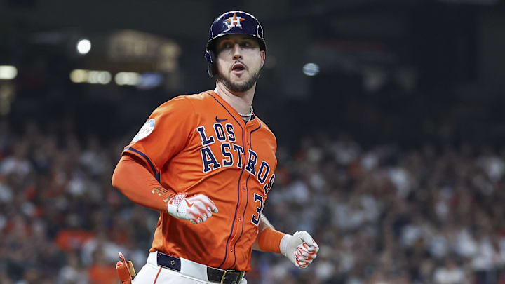 Sep 20, 2024; Houston, Texas, USA; Houston Astros right fielder Kyle Tucker (30) looks towards the dugout after hitting a single during the third inning against the Los Angeles Angels at Minute Maid Park