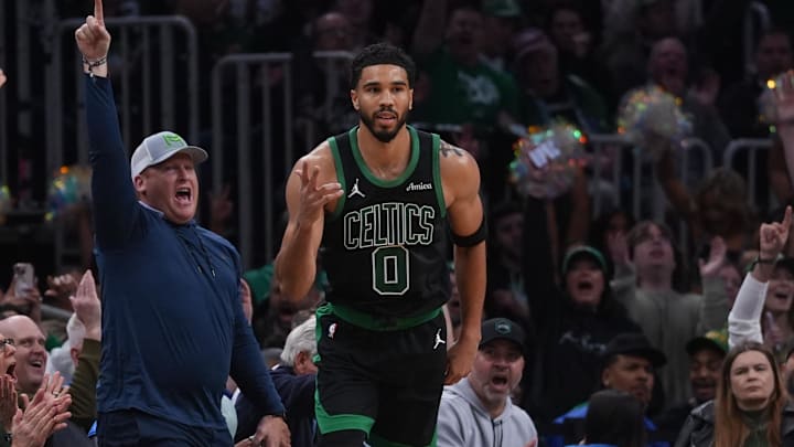 Apr 28, 2026; Boston, Massachusetts, USA; Boston Celtics forward Jayson Tatum (0) reacts after his three point basket against the Philadelphia 76ers in the second quarter during game five of the first round of the 2026 NBA Playoffs at TD Garden. Mandatory Credit: David Butler II-Imagn Images