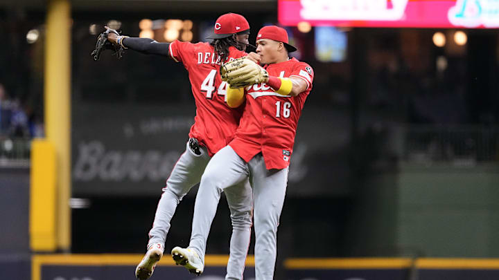 Sep 27, 2025; Milwaukee, Wisconsin, USA;  Cincinnati Reds shortstop Elly De La Cruz (44) and outfielder Noelvi Marte (16) celebrate following the game against the Milwaukee Brewers at American Family Field. Mandatory Credit: Jeff Hanisch-Imagn Images