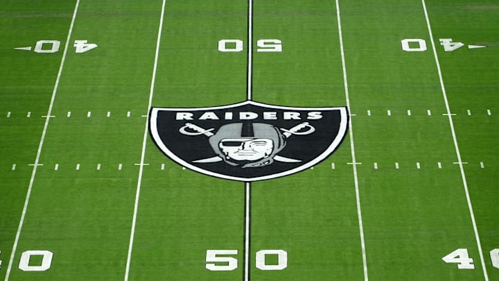 Sep 18, 2022; Paradise, Nevada, USA; The Las Vegas Raiders logo at midfield at Allegiant Stadium. Mandatory Credit: Kirby Lee-Imagn Images