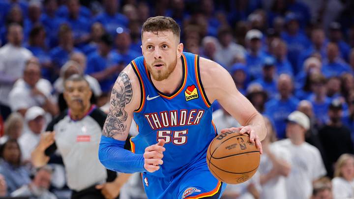 May 20, 2026; Oklahoma City, Oklahoma, USA; Oklahoma City Thunder center Isaiah Hartenstein (55) dribbles the ball and looks to pass during the fourth quarter against the San Antonio Spurs during game two of the western conference finals for the 2026 NBA playoffs at Paycom Center. Mandatory Credit: Alonzo Adams-Imagn Images