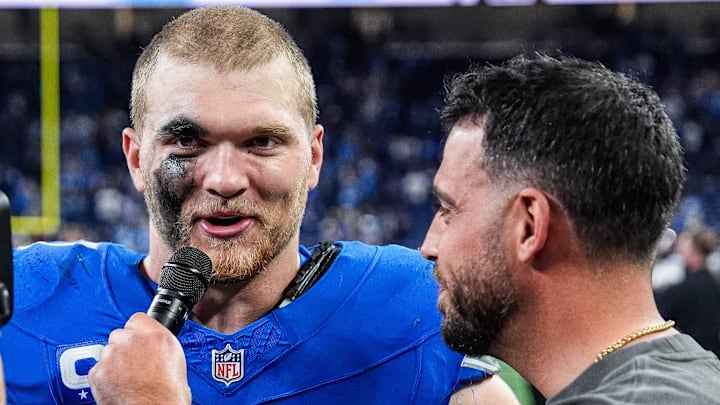 Detroit Lions defensive end Aidan Hutchinson (97) is being interview after 52-21 win over Chicago Bears at Ford Field Detroit Lions defensive end Aidan Hutchinson (97) is being interview after 52-21 win over Chicago Bears at Ford Field