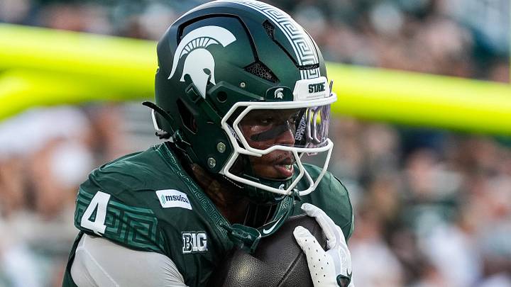 Michigan State running back Jaziun Patterson (4) practice ahead of the Toledo game at Spartan Stadium in East Lansing on Friday, Sept. 4, 2026. Michigan State running back Jaziun Patterson (4) practice ahead of the Toledo game at Spartan Stadium in East Lansing on Friday, Sept. 4, 2026.