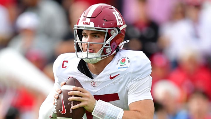 Jan 1, 2026; Pasadena, CA, USA; Alabama Crimson Tide quarterback Ty Simpson (15) looks to pass against the Indiana Hoosiers in the first half of the 2026 Rose Bowl and quarterfinal game of the College Football Playoff at Rose Bowl Stadium. Mandatory Credit: Gary A. Vasquez-Imagn Images