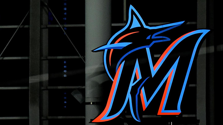 A general view of a illuminated Miami Marlins logo in center field after the Miami Marlins and Philadelphia Phillies split a double header at Marlins Park. A general view of a illuminated Miami Marlins logo in center field after the Miami Marlins and Philadelphia Phillies split a double header at Marlins Park.