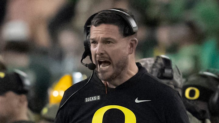 Oregon head coach Dan Lanning yells on the sideline as the Oregon Ducks host the Maryland Terrapins at Autzen Stadium Saturday, Nov. 9, 2024 in Eugene, Ore.