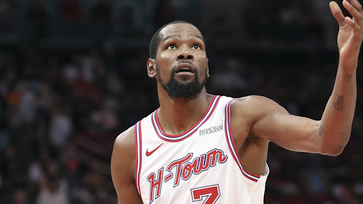 Apr 10, 2026; Houston, Texas, USA; Houston Rockets forward Kevin Durant (7) reacts after a free throw attempt during the fourth quarter against the Minnesota Timberwolves at Toyota Center. Mandatory Credit: Troy Taormina-Imagn Images Apr 10, 2026; Houston, Texas, USA; Houston Rockets forward Kevin Durant (7) reacts after a free throw attempt during the fourth quarter against the Minnesota Timberwolves at Toyota Center. Mandatory Credit: Troy Taormina-Imagn Images