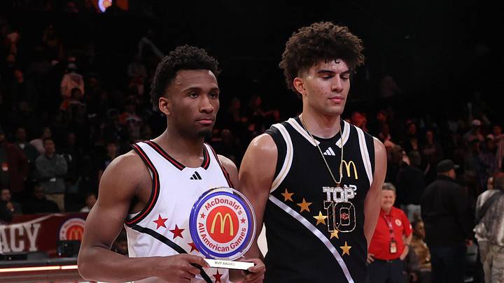 Apr 1, 2025; Brooklyn, NY, USA; McDonald's All American West guard Darryn Peterson (22) and McDonald's All American East forward Cameron Boozer (12) pose for photos after the game at Barclays Center. Mandatory Credit: Pamela Smith-Imagn Images