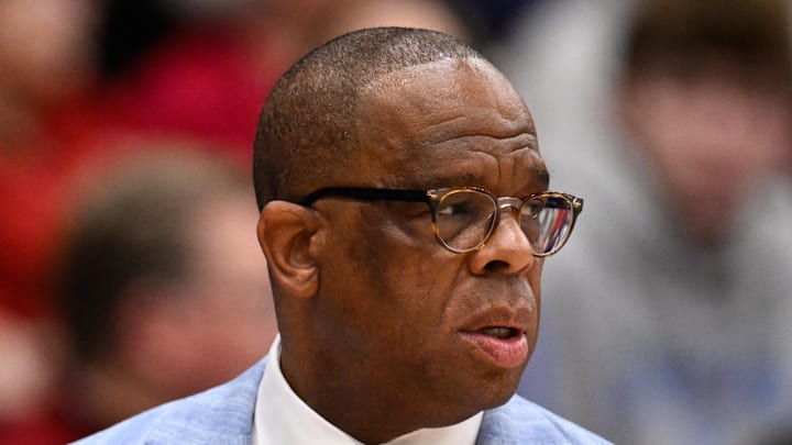 Jan 14, 2026; Stanford, California, USA; North Carolina Tar Heels head coach Hubert Davis looks on against the Stanford Cardinal in the first half at Maples Pavilion. Mandatory Credit: Eakin Howard-Imagn Images