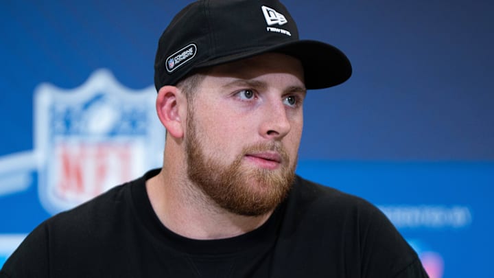Feb 28, 2026; Indianapolis, IN, USA; Washington offensive lineman Carver Willis (OL54) speaks to members of the media during the NFL Combine at the Indiana Convention Center. Feb 28, 2026; Indianapolis, IN, USA; Washington offensive lineman Carver Willis (OL54) speaks to members of the media during the NFL Combine at the Indiana Convention Center.