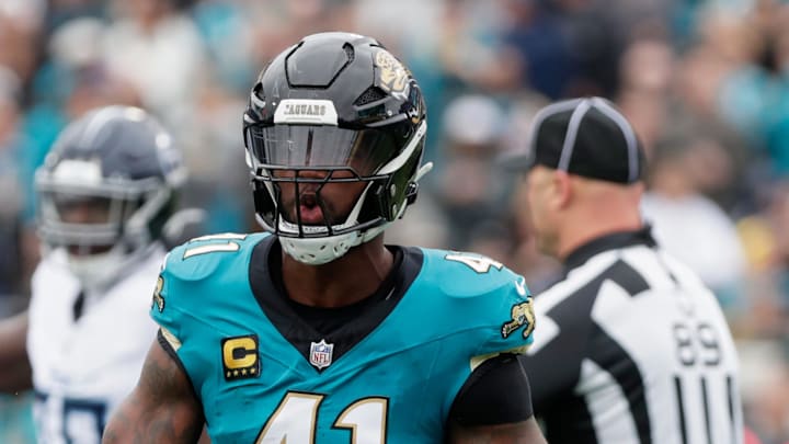Jan 4, 2026; Jacksonville, Florida, USA; Jacksonville Jaguars defensive end Josh Hines-Allen (41) reacts after sacking Tennessee Titans quarterback Brandon Allen (not pictured) during the second quarter at EverBank Stadium. Mandatory Credit: Travis Register-Imagn Images
