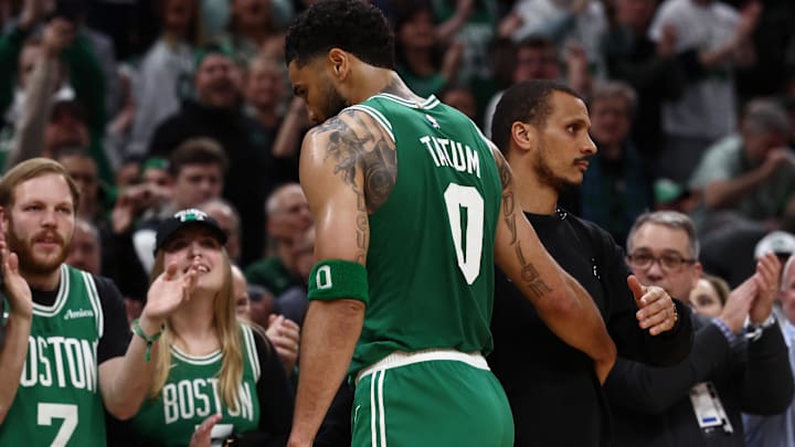 Mar 6, 2026; Boston, Massachusetts, USA; Boston Celtics forward Jayson Tatum (0) gives a hug to head coach Joe Mazzulla as he comes out of the game during the second half against the Dallas Mavericks at TD Garden. Mandatory Credit: Winslow Townson-Imagn Images