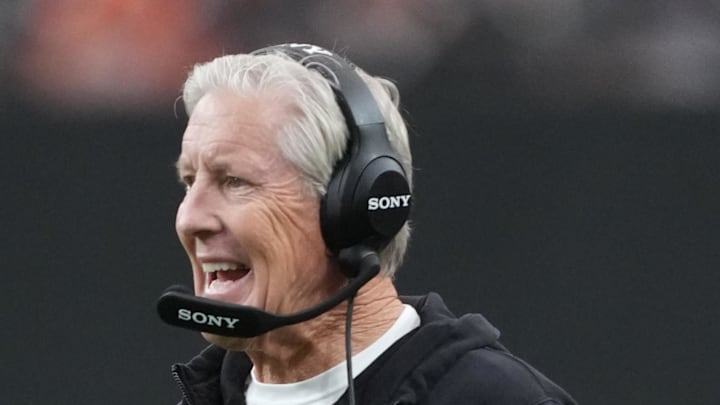 Dec 7, 2025; Paradise, Nevada, USA;  Las Vegas Raiders head coach Pete Carroll on the field during the first half against the Denver Broncos at Allegiant Stadium. Mandatory Credit: Kirby Lee-Imagn Images