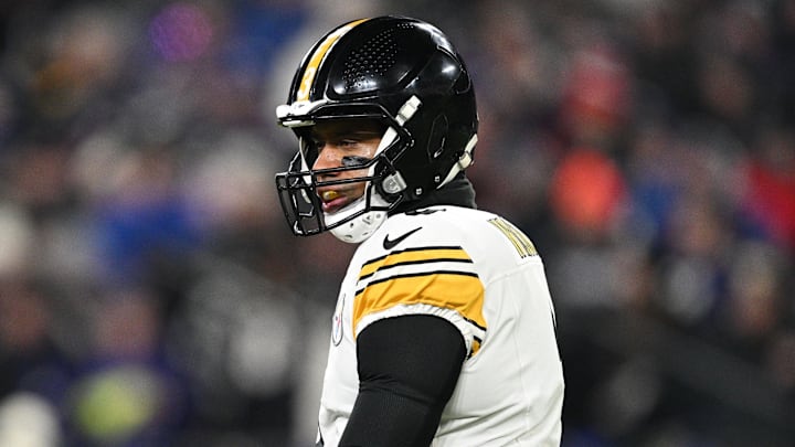 Jan 11, 2025; Baltimore, Maryland, USA; Pittsburgh Steelers quarterback Russell Wilson (3) looks on in the first quarter against the Baltimore Ravens in an AFC wild card game at M&T Bank Stadium. Mandatory Credit: Tommy Gilligan-Imagn Images