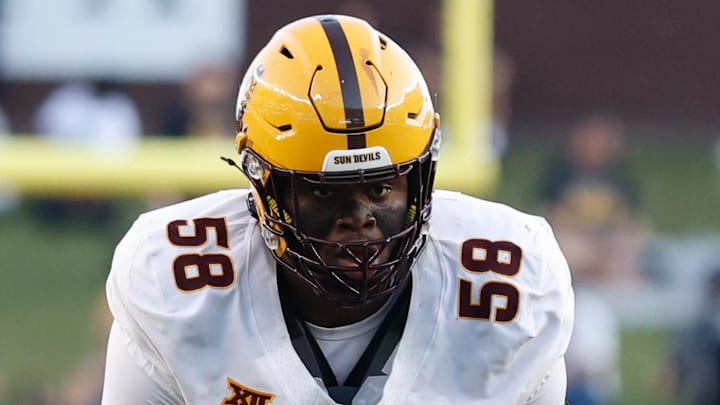 Sep 20, 2025; Waco, Texas, USA; Arizona State Sun Devils offensive lineman Max Iheanachor (58) in action against the Baylor Bears during the first half at McLane Stadium. Mandatory Credit: Chris Jones-Imagn Images Sep 20, 2025; Waco, Texas, USA; Arizona State Sun Devils offensive lineman Max Iheanachor (58) in action against the Baylor Bears during the first half at McLane Stadium. Mandatory Credit: Chris Jones-Imagn Images