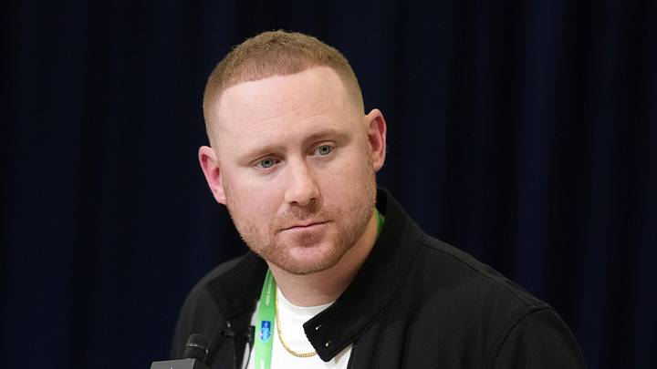 Feb 24, 2026; Indianapolis, IN, USA; Buffalo Bills coach Joe Brady speaks at the NFL Scouting Combine at the Indiana Convention Center. Mandatory Credit: Kirby Lee-Imagn Images