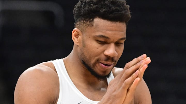 Mar 31, 2026; Milwaukee, Wisconsin, USA; Milwaukee Bucks forward Giannis Antetokounmpo (34) warms up before a game against the Dallas Mavericks at Fiserv Forum. Mandatory Credit: Benny Sieu-Imagn Images