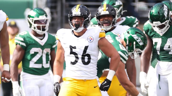 Sep 7, 2025; East Rutherford, New Jersey, USA; Pittsburgh Steelers linebacker Alex Highsmith (56) reacts to a defensive play during the second half against the New York Jets at MetLife Stadium. Mandatory Credit: Wendell Cruz-Imagn Images