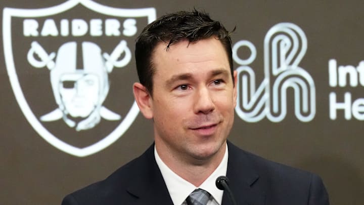 Feb 10, 2026; Henderson, NV, USA; Las Vegas Raiders coach Klint Kubiak speaks at introductory press conference at Intermountain Health Performance Center. Mandatory Credit: Kirby Lee-Imagn Images