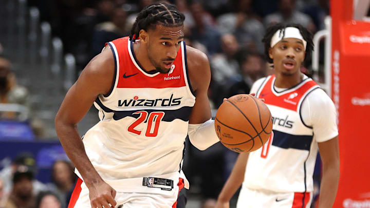 Jan 27, 2026; Washington, District of Columbia, USA; Washington Wizards center Alex Sarr (20) dribbles the ball during the second half against the Portland Trail Blazers at Capital One Arena. Mandatory Credit: Daniel Kucin Jr.-Imagn Images