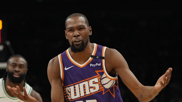 Phoenix Suns forward Kevin Durant reacts after a foul call against the Boston Celtics. Phoenix Suns forward Kevin Durant reacts after a foul call against the Boston Celtics.